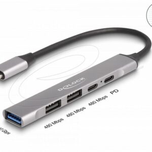 DELOCK 4 PORT SLIM USB TYPE-C™ HUB WITH 1 X USB 10 GBPS TYPE-A + 2 X USB 2.0 TYPE-A + 1 X USB 2.0 USB TYPE-C™ AND PD 95 W