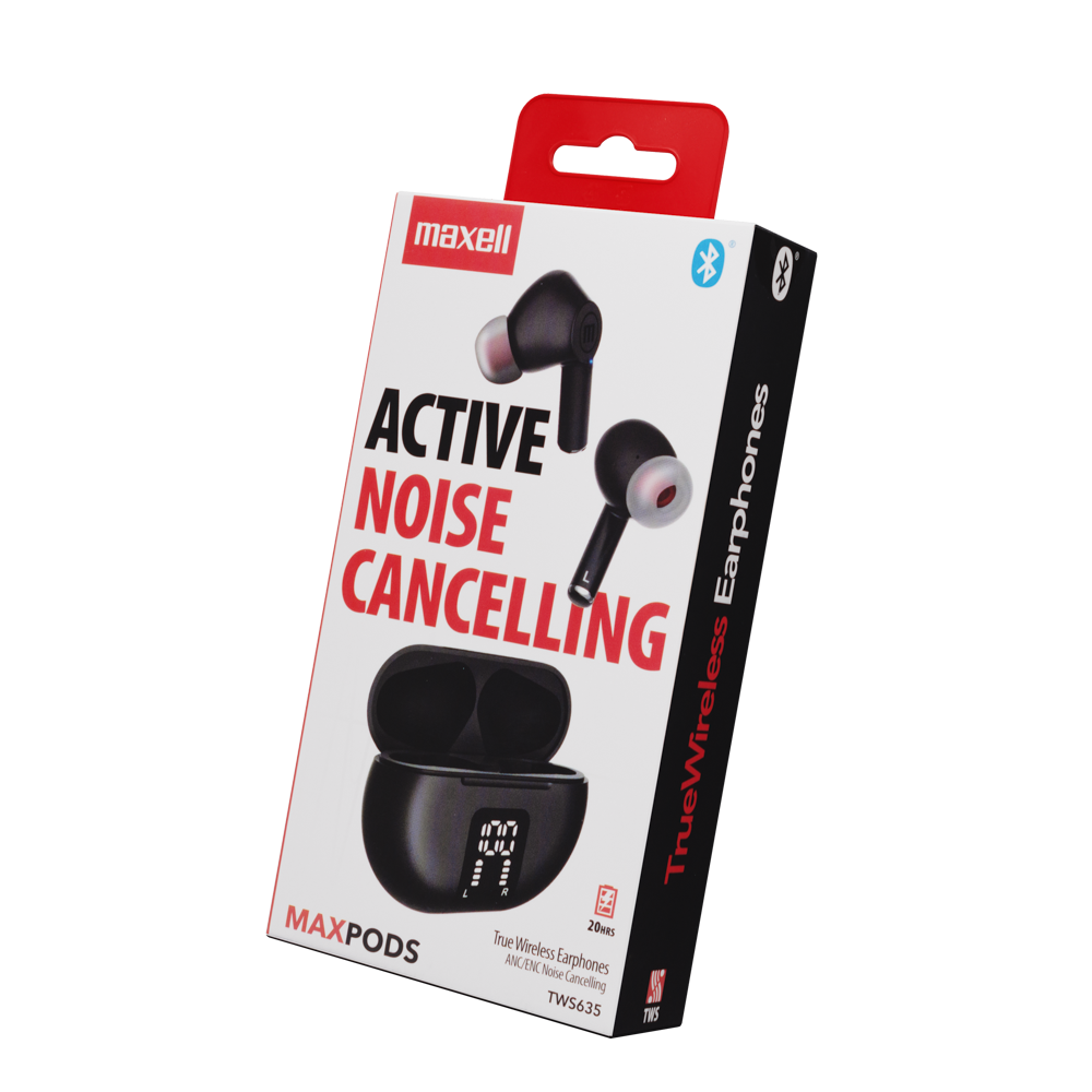 BLUETOOTH HEADSET MAXPODS ACTIVE NOISE CANCELLING BLACK MAXELL TRUEWIRELESS